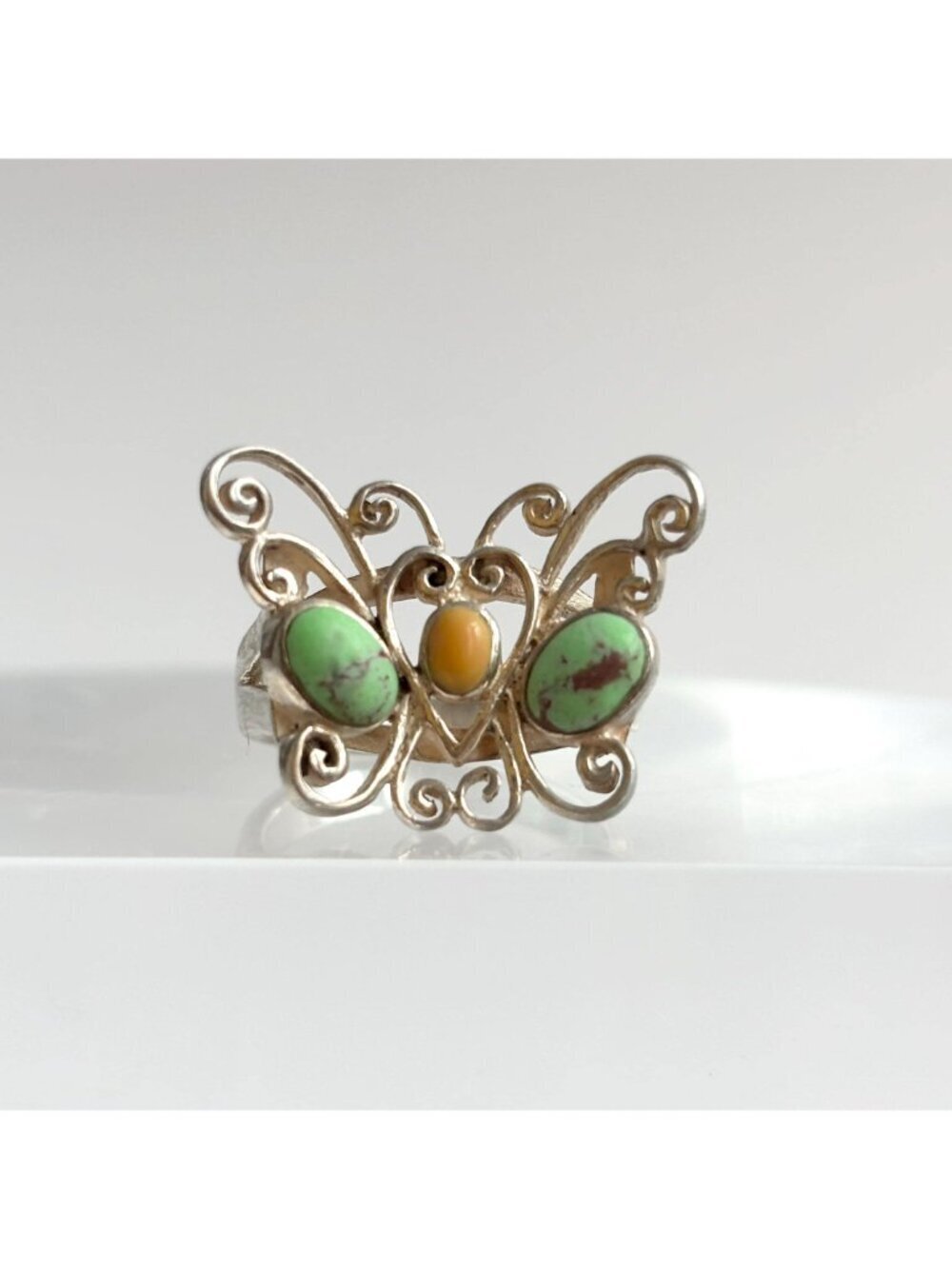 Turquoise & Coral Gemstone Butterfly Sterling Silver 925 Vintage Ring - sz 6.75 - Picture 4 of 16